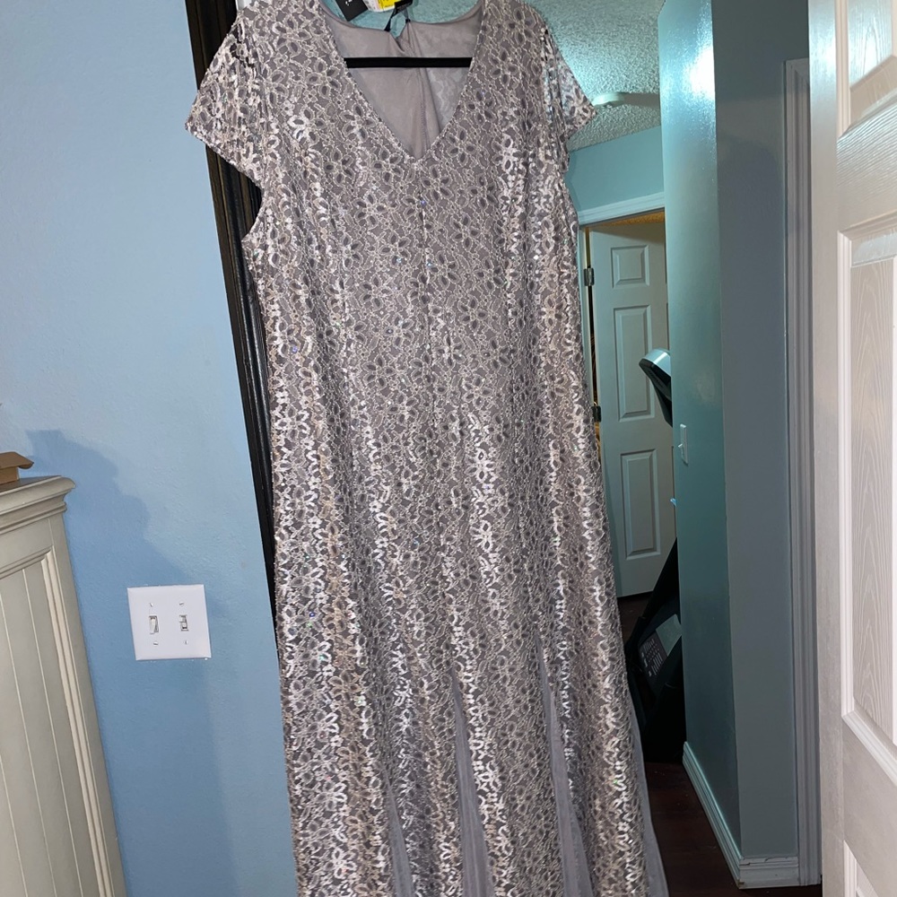 Silver with sequin and lace flower cap sleeve dress